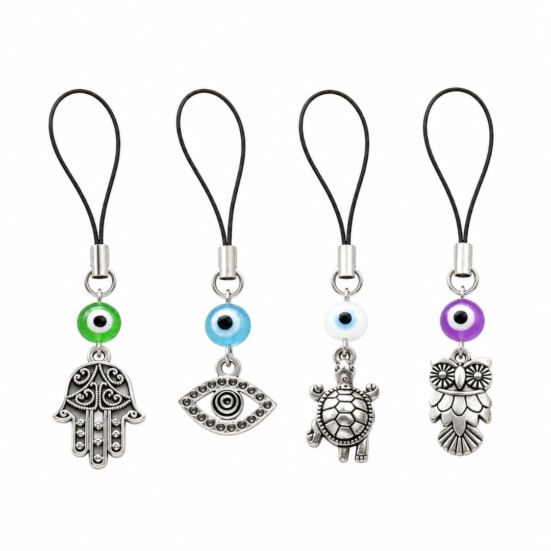 Evil Eye Phone Charm and Bag Charm Set, Multicolor Nazar Bead, Hamsa, Owl, Turtle Pendants, Mobile Strap, Pack of 4-image-33