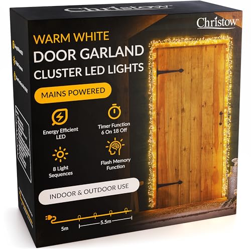 Christow Christmas Cluster Light Door Garland, Warm White LED Decoration with Timer, 8 Light Modes Flashing & Static, Indoor & Outdoor, Mains Operated, Clear Cable, 5.5m for Standard Front Door