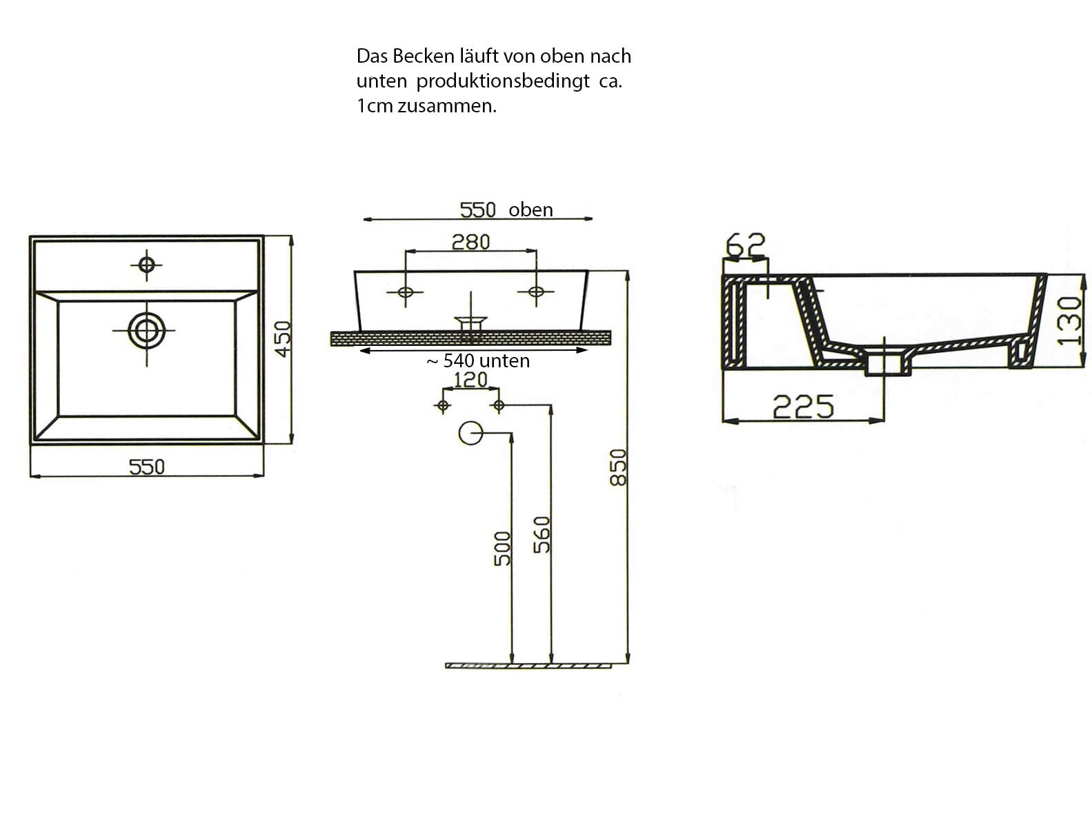 Aqua Bagno | Modernes Waschbecken aus Keramik hängender Waschtisch Aufsatzwaschbecken Handwaschbecken | 55 cm breit