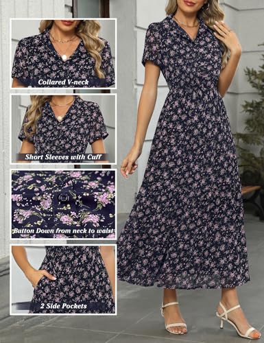 Image of Kranda Women 2026 Summer Collared V Neck Short Sleeve Button Down Chiffon Long Tiered Floral Maxi Dress with Pockets