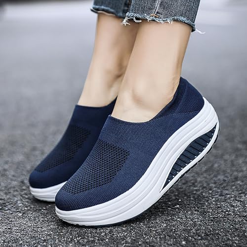 Image of Women's Knitted Platform Slip On Walking Sneakers,Comfort Lightweight Arch Support Non Slip Casual Mesh Breathable Workout Work Shoes