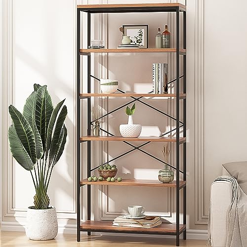 Solid Open Book Shelves, 71 Tall Modern Bookshelf 6 Foot, Free Standing Display Shelving Unit, 5 Tier Industrial Bookcase for Living Room Bedroom - Black Metal Frame & Rustic Cherry Wooden Shelves -  BATHWA, 5055