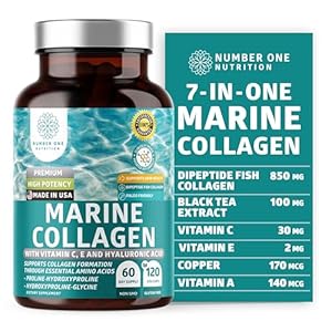 Premium Marine Collagen Dipeptides with Hyaluronic Acid, Vitamin C, Theaflavin and Copper, Collagen Supplement for Women and Men for Radiant Skin, Hair & Nails, Gluten Free and Non-GMO, 120 Veg Caps