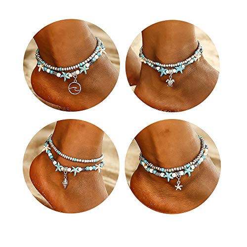 Beutrvel 4Pcs Blue Starfish Turtle Beach Anklet Set Multilayer Handmade Charm Beads Wave Shell Boho Anklet Adjustable Foot Jewelry for Women Girls