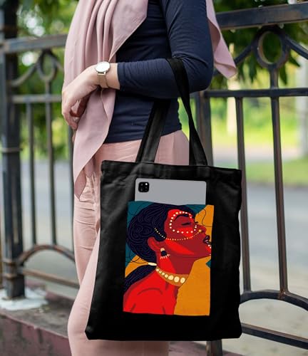 Image of ZORI Black Tote Bag With Pocket Printed Designed Canvas Tote Bags For Women large capacity,Tote bag For Shopping, College, Travel, More Canvas Handbag For Unisex Bag