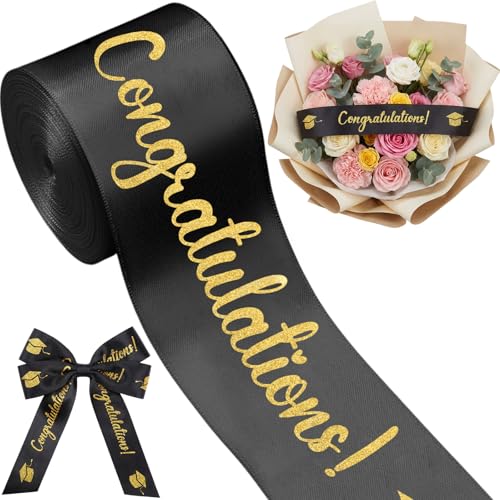 Zeyune 10 Yards Glitter Graduation Ribbon 2 Inch Class of 2026 Black Gold Ribbon Craft Congratulations for Flower Bouquet Gift Wrapping Hair Bow Wreath Graduation Party Decoration