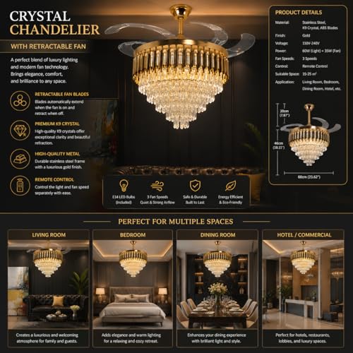 Image of Elegant Chandelier Ceiling Light for Living Room Hanging Pendant Light | Italian K9 Crystals | Metal Frame | Adjustable LED Light (Warm, Cool, Natural White) (Fan Chandelier-AD-600MM-Gold)