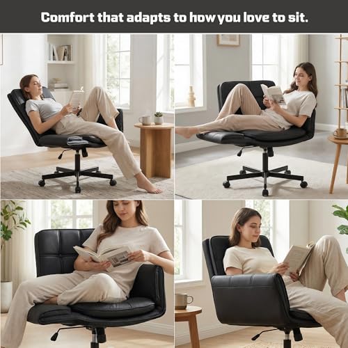 Image of DROGO Zen Atora Ergonomic Criss Cross Legged Office Chair for Work with 5 Gear Armrest & Wide Thick Cushion Seat | PU Leather Computer Chair with Adjustable Height, Recline & Heavy Metal Base (Black)