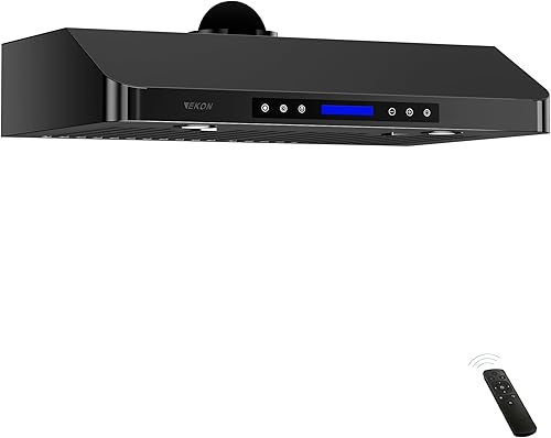 EKON - Campana extractora para debajo del gabinete de 36 pulgadas negras, ventilación de chimenea de cocina de acero inoxidable de 900 CFM, control