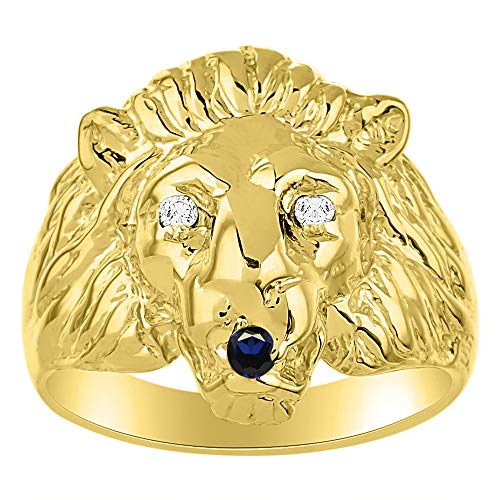 Image of Rylos Lion Head Ring Color Stones Eyes & Diamond Mouth - Fun Designer Rings in Sizes 8-13 in Yellow Gold Plated Silver