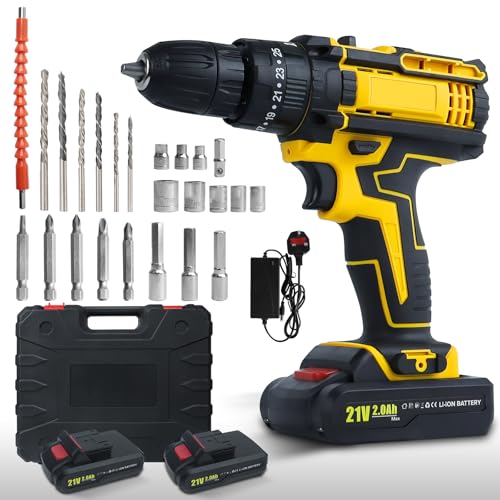 Beiguoo Taladro inalámbrico de 21 V con 2 baterías, embrague de 85 Nm, 25 + 3, portabrocas sin llave de 10 mm, destornillador eléctrico LED integrado