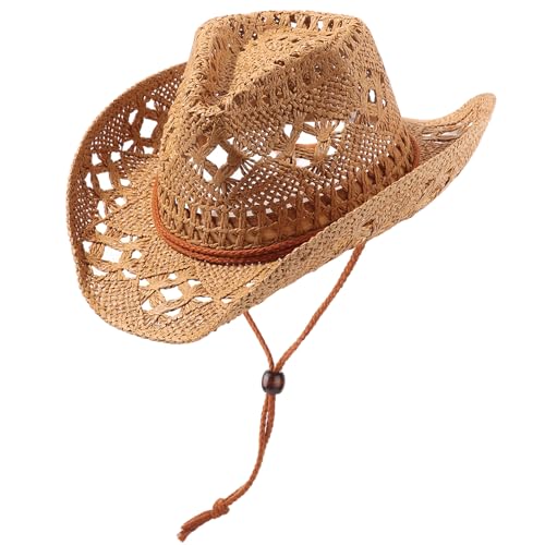 Image of DRESHOW Straw Cowboy Cowgirl Hat for Women Men Western Coastal Cowboy Beach Hat with Shapeable Brim Unisex Rolled up Caps