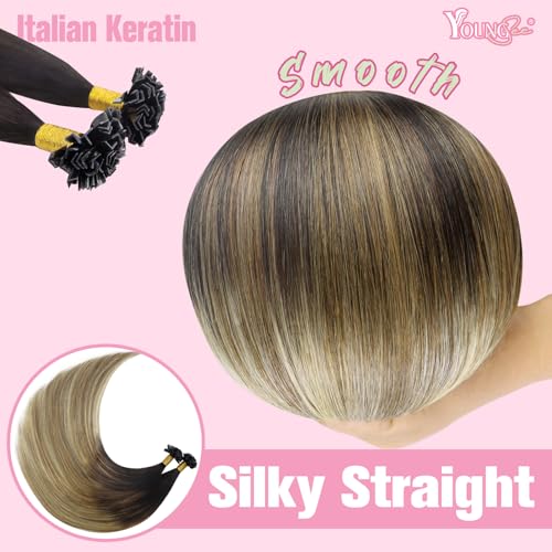 Image of YoungSee K Tip Human Hair Extensions Balayage Ktip Hair Extensions Human Hair Brown with Blonde Balayage Long 24In 50s /50g