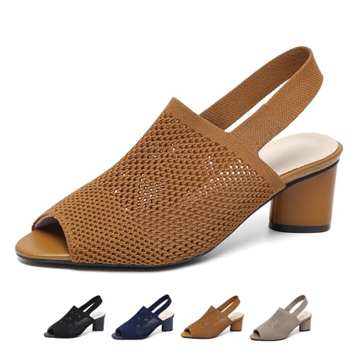Women's Knit Peep Toe Slingback Chunky Heeled Sandals with Ankle Strap Fashion Open Pointed Toe Cut Out Slip On Backless High Heels Summer Casual Work Office Wedding Dressy Pumps