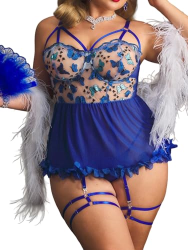 Image of Alrovetoney Plus Size Lingerie For Curvy Women Ruffle Lingerie Set Sexy Lace Lingerie Set Garter Belt With Stockings