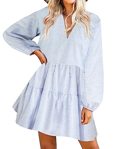 FANCYINN Damen Rüschen Glockenärmel Etuikleid Babydoll Leinen Casual...