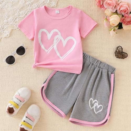 Image of Kids Girl Clothes Tie Dye Heart Print Short Sleeve Top and Shorts Toddler Girl Summer Outfits Short Set