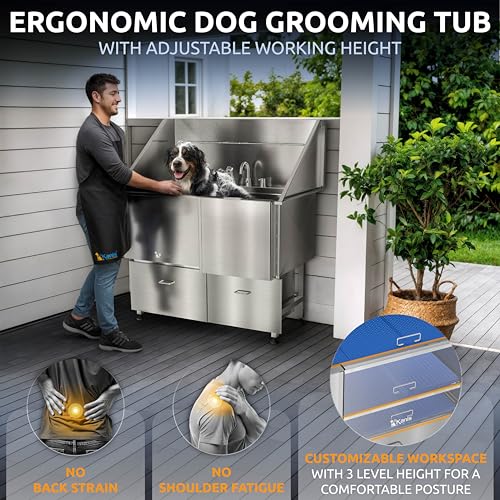 Image of KANIS Professional Dog Washing Station 304 Stainless Steel Pet Wash Sink & Grooming Bathtub w /Shower, Floor Grates and Storage for Large, Medium & Small Pets (Silver, 50 Inches, Right Ramp, 2 Drawers)