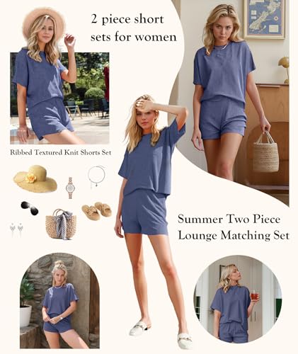 Image of MARZXIN Women 2 Piece Shorts Set 2026 Casual Summer Cruise Outfits Ribbed Loose Short Sleeve Pocket Matching Lounge Sets