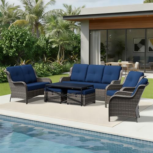 Image of Joyside 7 Piece Wicker Patio Furniture Set, Rattan Patio Chairs with High Back, Deep Seating, Wide Armrest, Thickened Cushions, Outdoor Furniture for Deck, Porch Use