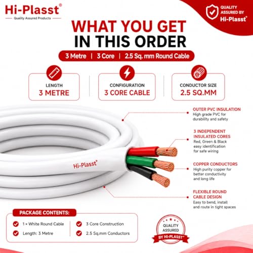 Image of Hi-Plasst 3 metre 2.5 Sq.mm 3 Core Copper Cable | Round Flexible Electrical Wire | PVC Insulated Power Cable for AC, Washing Machine, Refrigerator, Water Pump & Industrial Applications