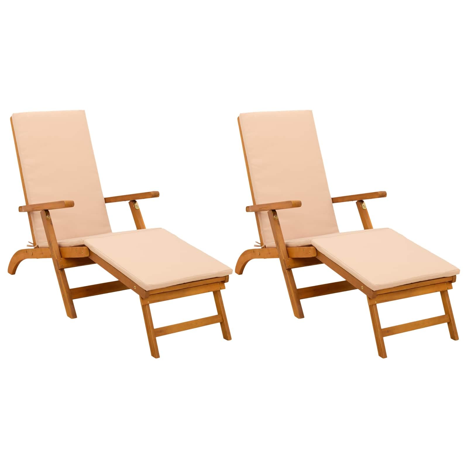 Leżak ogrodowy z regulowanym oparciem i podnóżkiem 2 sztuki 55 x 146 x 91 cm, składany leżak z litego drewna akacjowego, z 5-stopniową regulacją pochylenia, maksymalne obciążenie 110 taras i basen