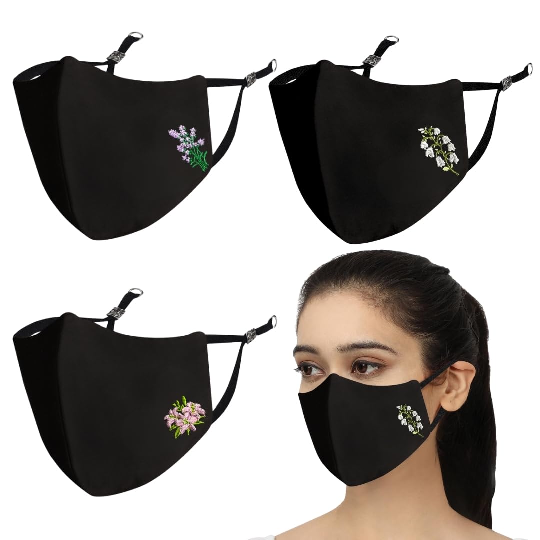 Reusable, Washable, Anti-Bacterial(BFE>99%) 4 Layer Embroidered, Fashionable 100% Pure Cotton Cloth Face Mask for Women with Ear Adjusters Pack Of 3