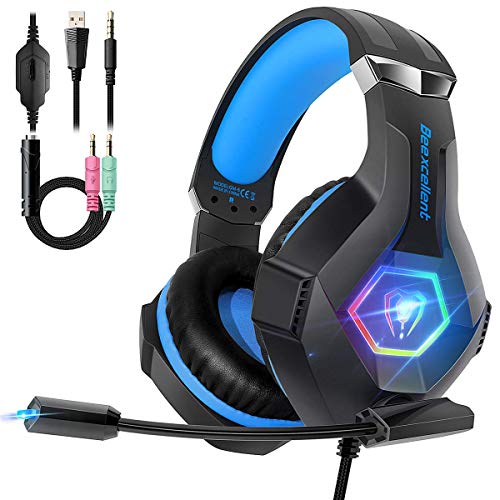 iKiKin Casque Gaming pour Casque PS4 Xbox One avec micro, Stéréo ambiophonique atténuant le bruit LED basse grave, Casque de jeu filaire à oreille pour PC iPad Ordinateur portable (Bleu)
