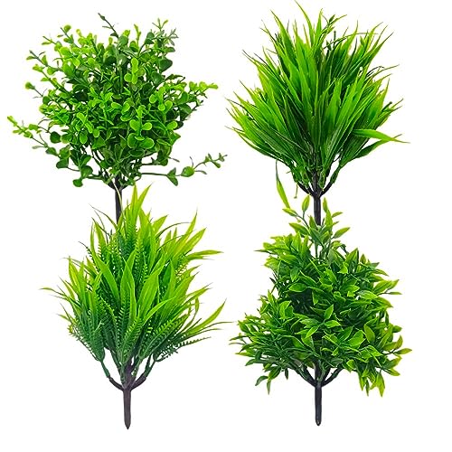 Dekorly Artificial Plastic Mix Green Grass Fake Outdoors Plant Bushes Decor Faux Greenery Shrubs For Outdoor And Indoor, Artificial Shrubs Stems | Height- 7 Inches (Multi-4)