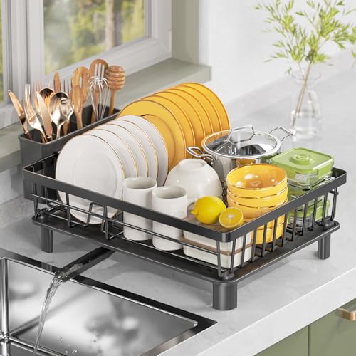 LIONONLY Dish Drainer Rack with Drip Tray,Stainless Steel Draining Board Rack with Utensil Holder,Detachable Large Dish Drying Rack for Kitchen,Swivel Drainage Spout,Kitchen Sink Drainer Rack