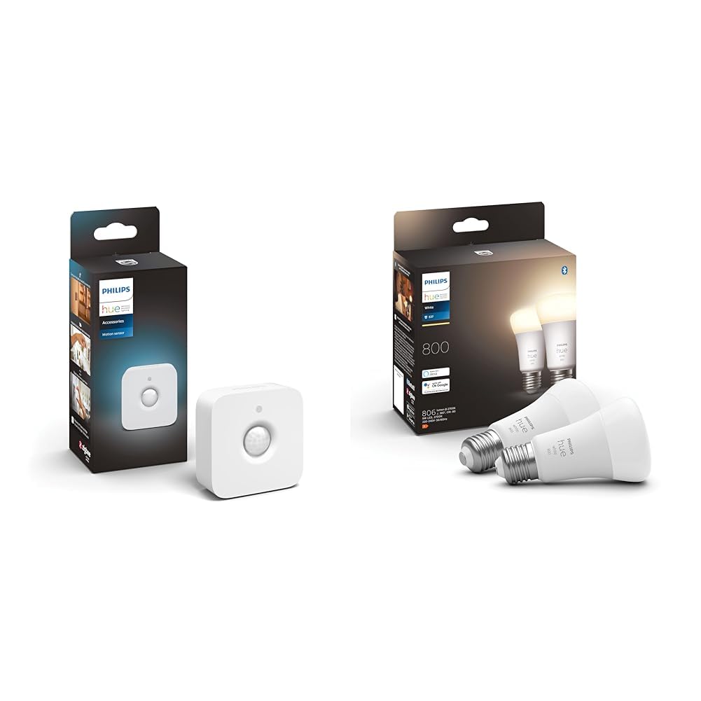 Philips Hue Motion Sensor Détecteur de Mouvement sans Fil & White Ampoules LED Connectées E27, équivalent 60W, 800 Lumen, Compatible Bluetooth, Pack de 2, Fonctionne avec Alexa
