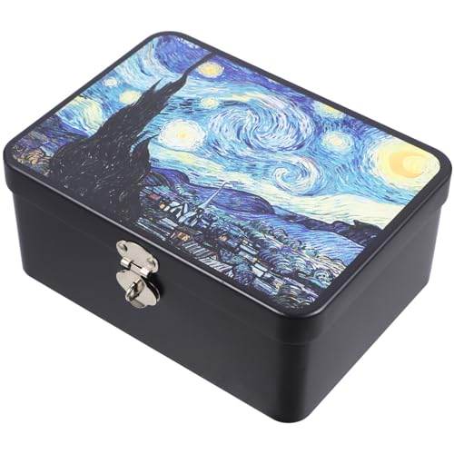 LALAFINA ブリキ 箱 収納ボックス ブリキ缶 缶ケース 鍵付き 思い出箱 ブリキ缶ケース 鍵付きボックス ヒンジ付き ミニボックス 小物いれ メタル収納ケース コレクションボックス アンティーク 小箱(星空)
