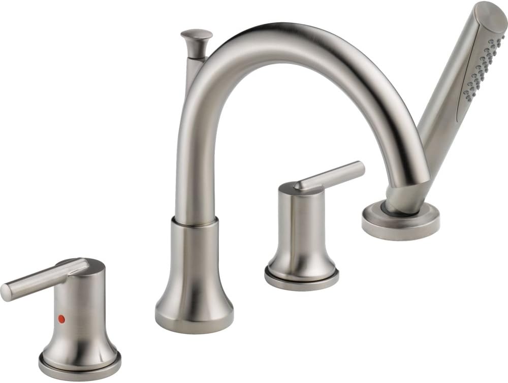 Delta Trinsic Roman Tub Faucet with Hand Shower, Brushed Nickel Deck Mount Bathtub Faucet, Stainless T4759-SS (Valve Not Included)