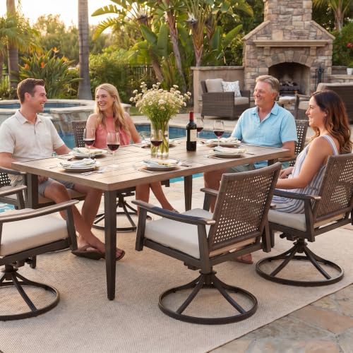 Image of NATURAL EXPRESSIONS 7 Piece Patio Dining Set for 6 Outdoor Furniture Set,6 Pcs Outdoor Rattan Wicker Swivel Chairs with Woodgrain Armrest, 65 inch Large Dining Table with 1.65'' Umbrella Hole for Garden