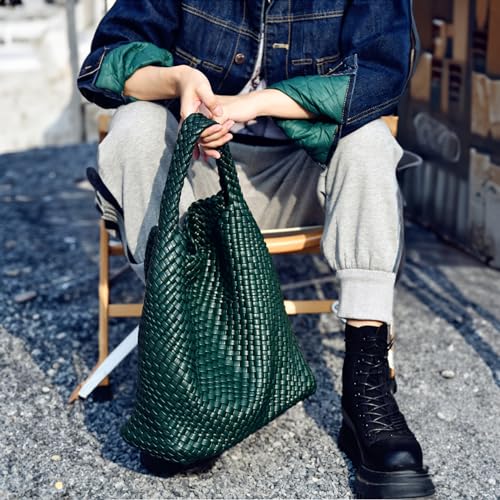 Image of Woven Tote Bag for Women with Purse, Vegan Leather Hobo Bags Large Handmade Underarm Shoulder Bag