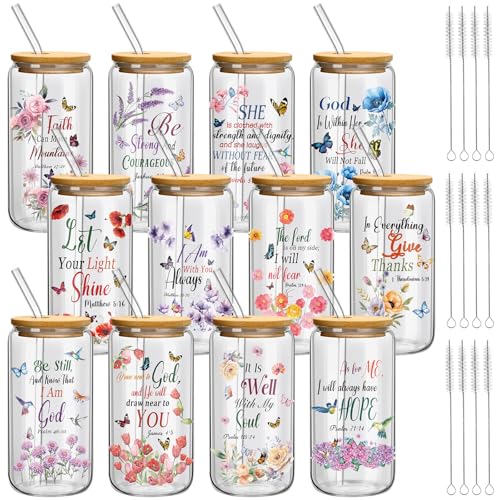 Teenyyou 12 Set of Christian Gifts for Women Bible Verse Glasses with Bamboo Lid and Glass Straw 16oz Inspirational Religious Coffee Cup for Birthday Mother's Day Faith Lovers