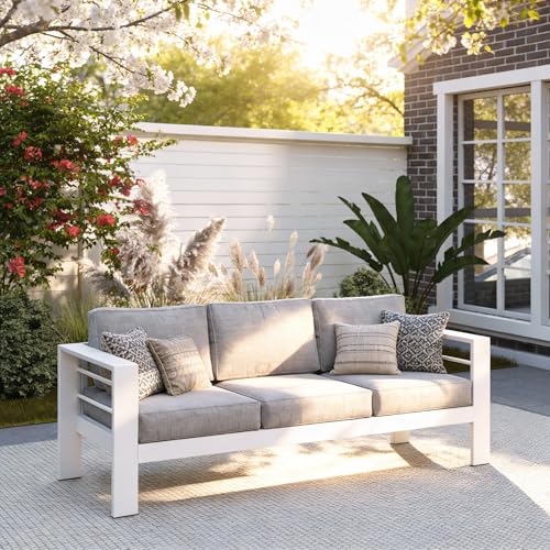 Kiss the Water Outdoor Couch Aluminum Patio Furniture Sofa, 3 Seat All-Weather Metal Patio Couch with 5 Thick and Soft Cushion and Wide Arm, Outdoor Sofa for Balcony, Porch