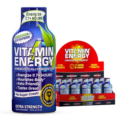 Vitamin Energy Immune+ Extra Strength Energy Shot Blue Raspberry 10 Pack, 260mg Natural Caffeine, B-Vitamins, Citicoline, Green Tea, Immunity &amp; Focus Support, Zero Sugar, Gluten-Free 1.93 fl oz