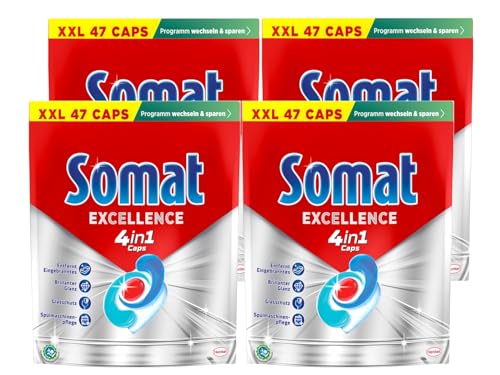 Somat Caps Excellence 4 en 1, 188 cápsulas (4 x 47 tapas), pastillas para lavavajillas de liberación rápida, tapas Somat para una excelente limpieza y brillo incluso en el programa Eco & a bajas