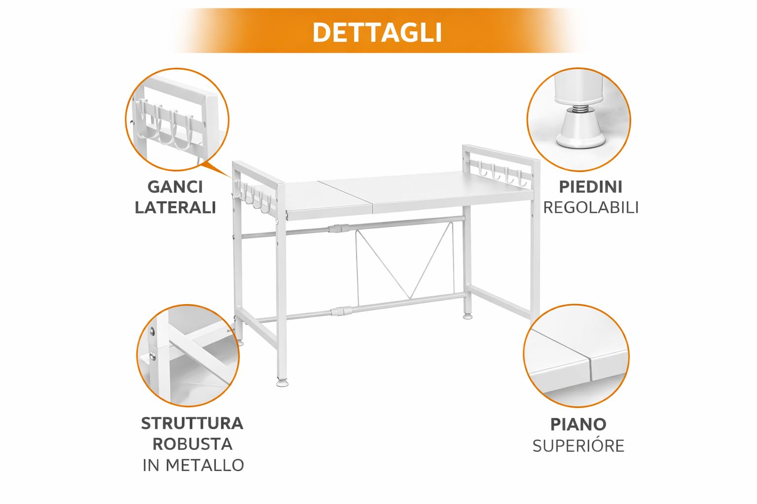 Mensola Estensibile Salvaspazio da Cucina, Supporto per Microonde e Fornetto Elettrico in Metallo con 8 Ganci Laterali e Piedini Regolabili, 40,5-63,5 x 31,5 x 42 cm (Bianco)