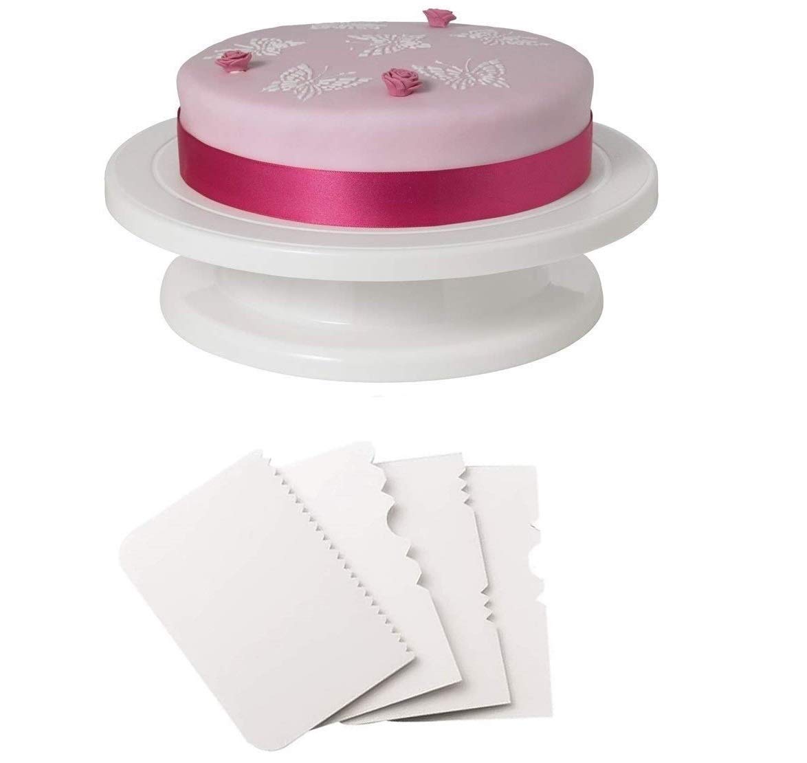 LEAWALL� Revolving Cake Turn Table OR Cake Decorating Stand - 28cm + 4pc Cake Decorating Fondant (White) | Sugar Craft Cake Combo