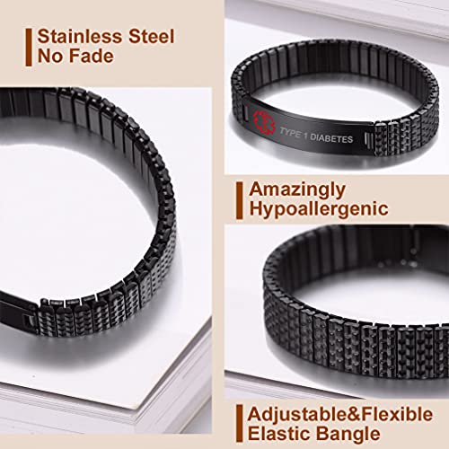 Bandmax Black Diabetes Id Bracelet Type 1 Emergency Medical Alert Bracelets Wristbands Elastic Adjustable Medical Id Bracelet Medical Alert Jewelry For Diabetic Patient #TOP3