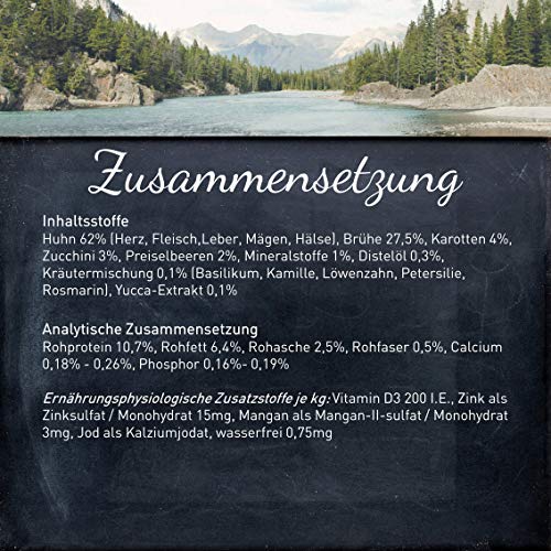 Wildes Land - Nassfutter für Hunde - Nr. 2 Huhn - 12 x 400 g - mit Karotten, Zucchini, Wildkräutern & Distelöl - Glutenfrei - Extra viel Fleisch - Beste Akzeptanz und Verträglichkeit