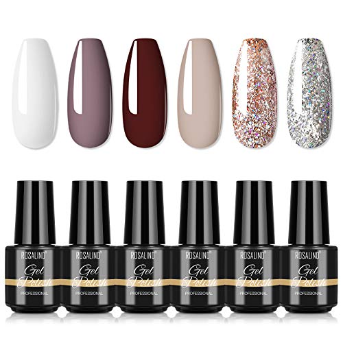ROSALIND 6pcs Gel Nail Polish White Brown Glitter,Nail Art Decoration Soak Off Nail Gel Polish DIY at Home