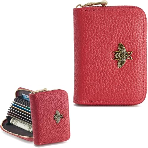 Small Genuine Leather Wallet for Women RFID Blocking Accordion Zipper Card Case Red (Red)