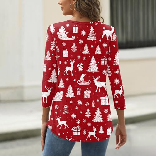 Image of Women Christmas Shirt 3 /4 Length Sleeve Henley Tops Xmas Outfits
