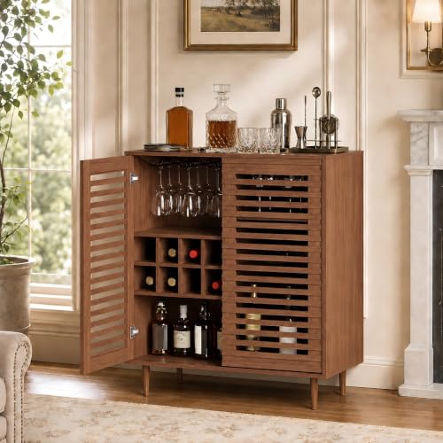ZOSQUARE Mid Century Bar Cabinet with Wine Racks, Modern Liquor Cabinet with Slatted Doors for...