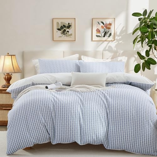 Image of Oli Anderson 100% Cotton Waffle Comforter Set King Size, 3 Pieces Lightweight Breathable All Season Bed Comforter, Soft Skin-Friendly Blanket for Bedroom Guest Room, Machine Washable, Blue