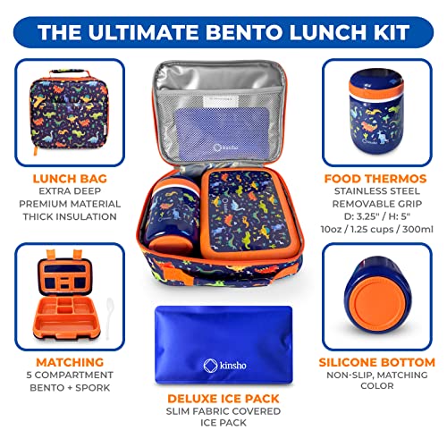 Image of Bento Box with Thermal, Stainless Steel Food Jar for Hot-Cold Food or Soup, Insulated Lunch Bag and Ice Pack Set for Kids or Toddlers. Ages 3 to 7, Blue Dinosaur