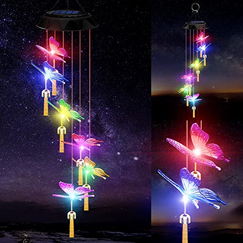 Gifts for Mom/Grandma/Women, Homvos Solar Butterfly Wind Chimes Memorial LED Valentines Room Decor/Outdoor Rings/Birthday Gifts,Valentines Day Gifts for her/him